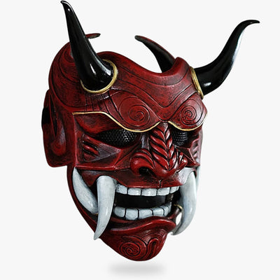 This oni Japanese mask is a unique piece of craftsmanship, made from fiberglass and wood, and hand-painted and sculpted to reflect Japanese myths