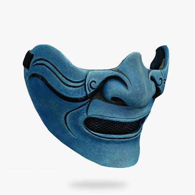 This oni mask blue is worn with a Kabuk