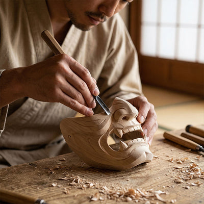 Woodcarver working on a wooden oni mask of a Japaense demon face with tools on a wooden table.