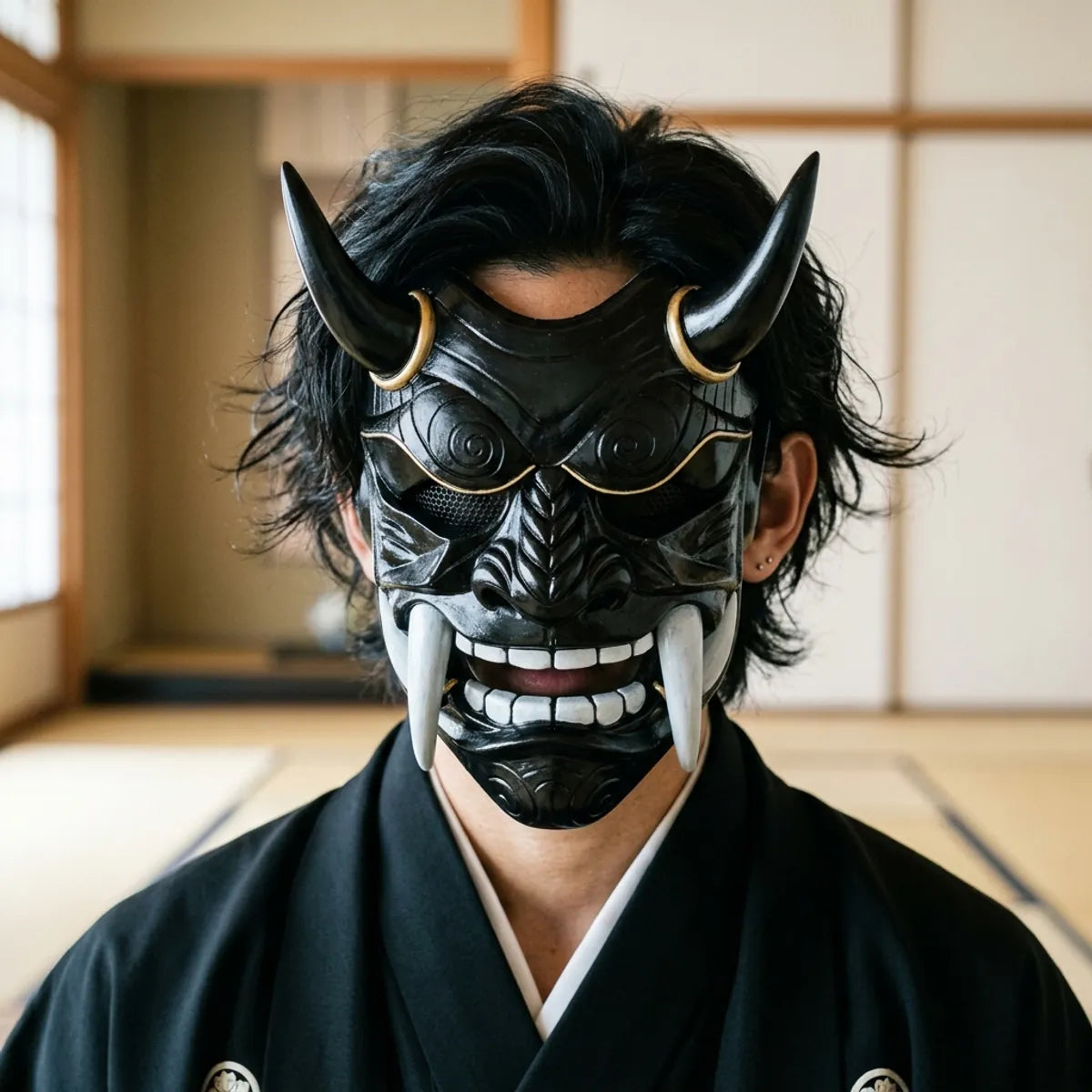Front view of the black oni demon mask showing its curved gold-ringed horns, snarling expression, and bared white tusks.