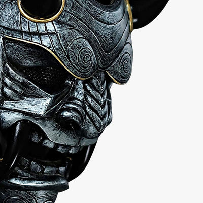 The oni mask face is a stunning handmade piece, crafted from fiberglass and wood, uniquely painted and sculpted by an artisan with horns and sharp teeth