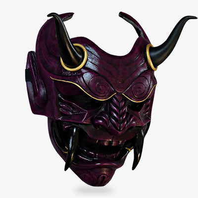 This oni mask full face is a handmade masterpiece, featuring intricate hand-painted and sculpted details, including horns and sharp teeth, reflecting the rich folklore of Japan