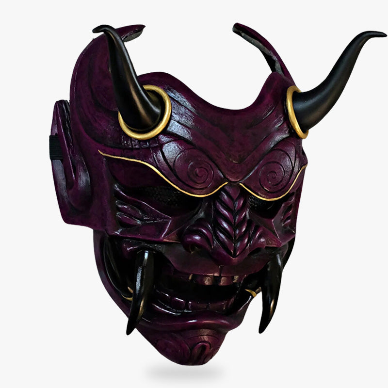 This oni mask full face is a handmade masterpiece, featuring intricate hand-painted and sculpted details, including horns and sharp teeth, reflecting the rich folklore of Japan