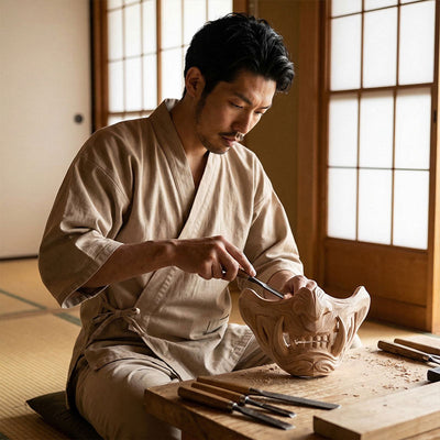 Man in traditional Japanese attire working on a oni mask sculpture in a washitsu room with tatami floors and sliding doors.