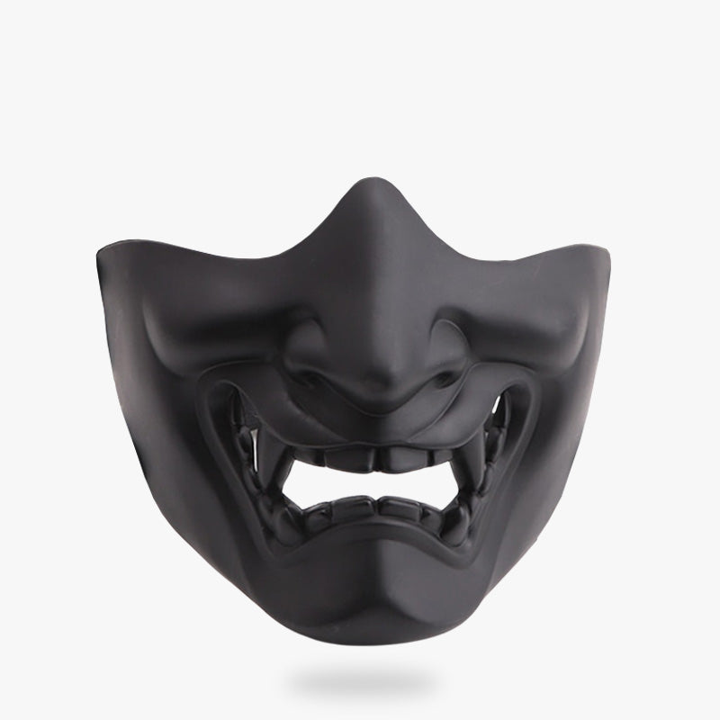 The oni mask ninja is black. It's an half face oni mask. The japanese demon face has fangs. The shinobi mask is all black. Material used is PU