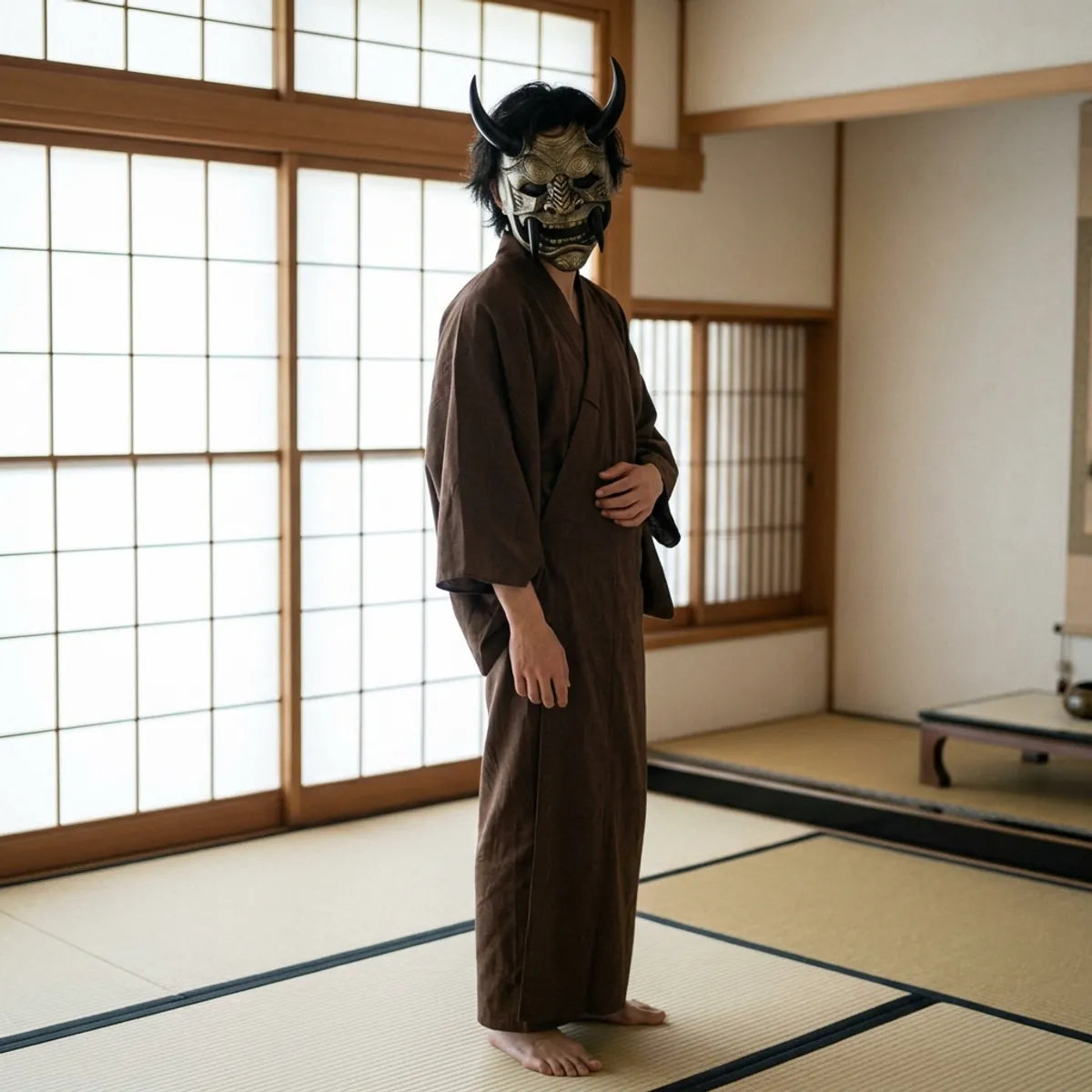 Model standing in a full samurai-inspired costume wearing the Oni demon mask secured with its adjustable strap.