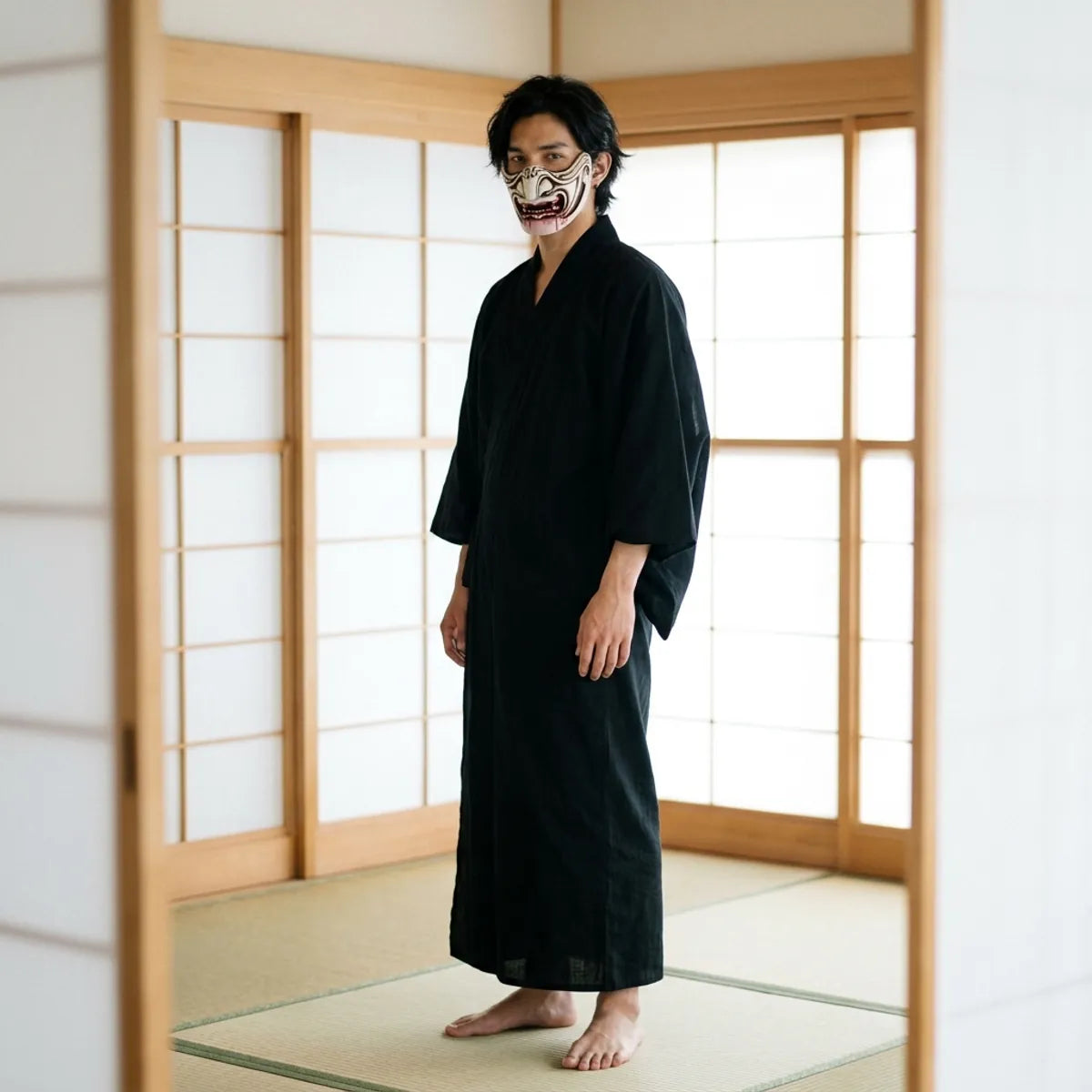 The oni demon mask displayed upright, showing its curved horn-like flares and snarling open mouth as it would hang on a wall.