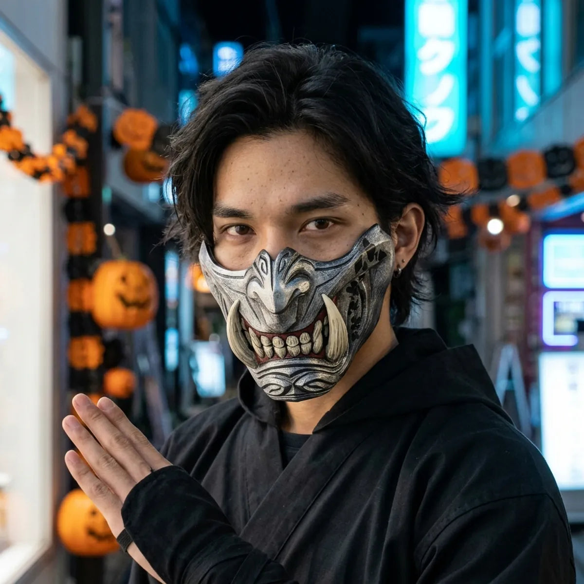 Silver oni half mask with ivory fangs worn at night for Halloween, blue Tokyo neon behind