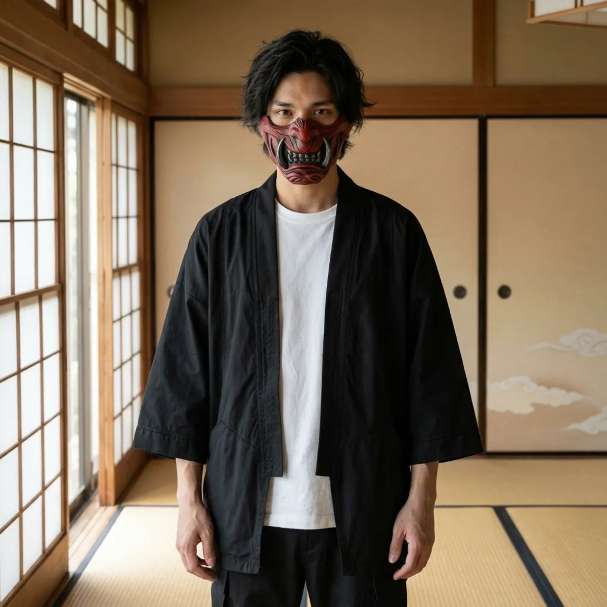 Samurai mask demon: red oni half mask with silver fangs worn in a Japanese tatami room