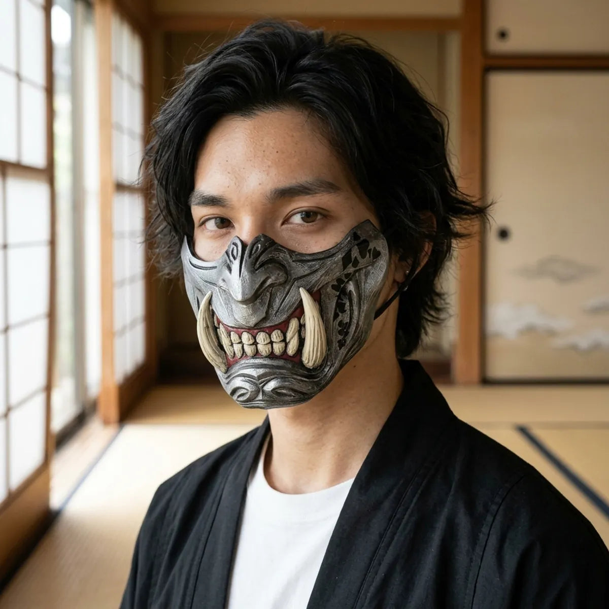 Oni Samurai mask: close-up of the half mask worn in a Japanese tatami room, the painted details under calm dark eyes