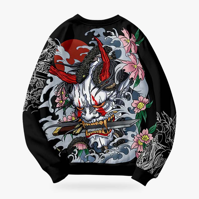 Black Oni sweatshirt with a graphic design of a Hannya demon and floral elements in gray and pink.