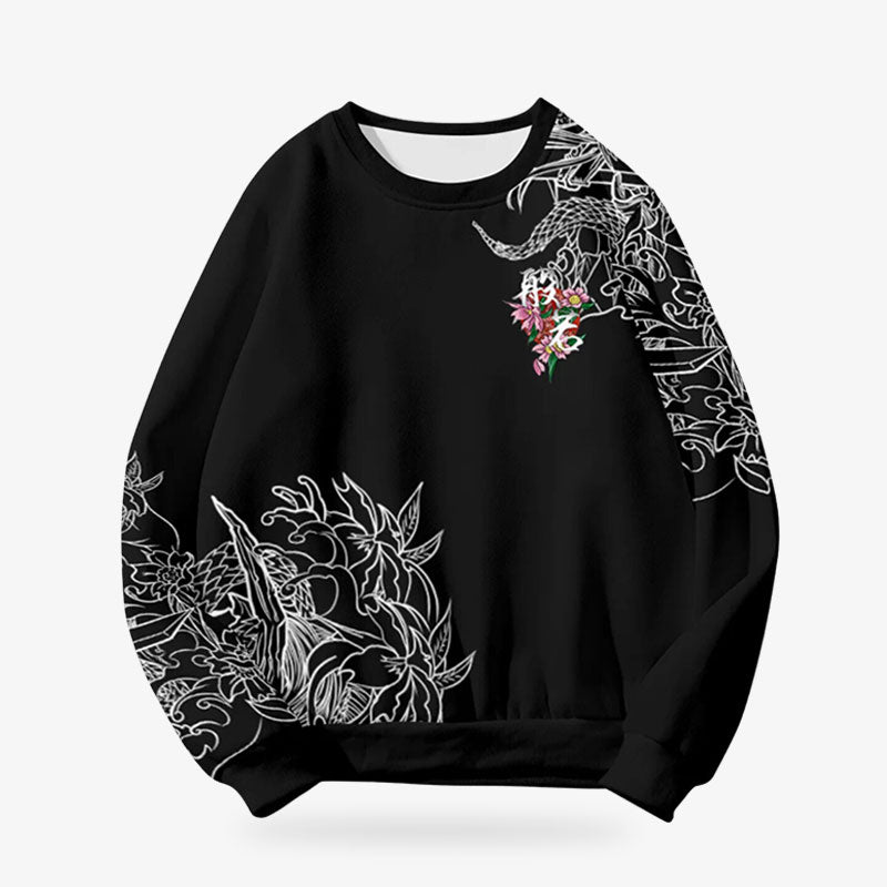 A black Oni Sweater with japanese floral white design on a white background