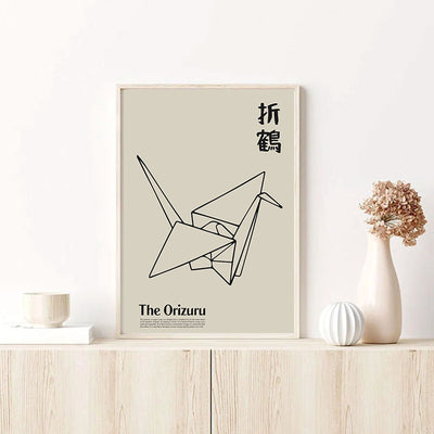 This tsuru origami painting is a Japanese poster with a folding tsuru Japanese crane motif.