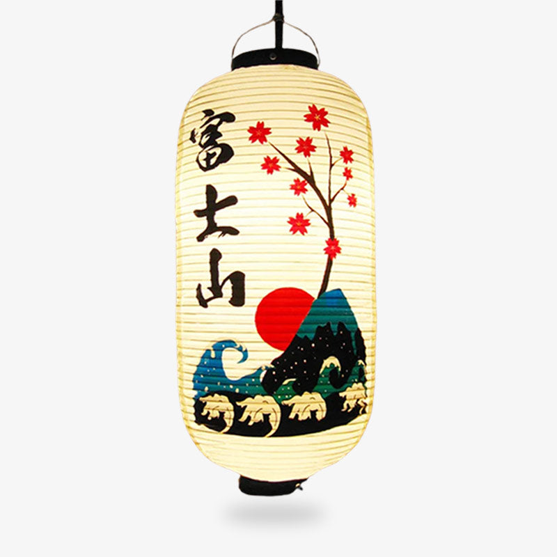 Decorative outdoor japanese lantern lights​ with Japanese mount Fuji and cherry blossom Sakura flower design on a white background