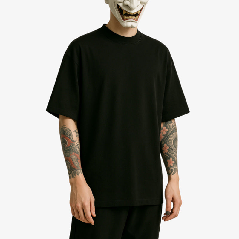 A black Oversize Harajuku shirt with minimalist design, reflecting the playful and experimental side of Japanese street style