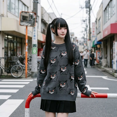 Oversized charcoal gray crewneck sweater with dropped raglan shoulders and ribbed neckline featuring ghost face knit pattern