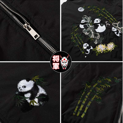 This panda jacket is a Japanese sukajan bomber embroidered with bamboo tree motifs.