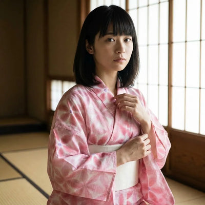 Pink asanoha yukata wrap dress shown with sleeves open to detail the geometric motif