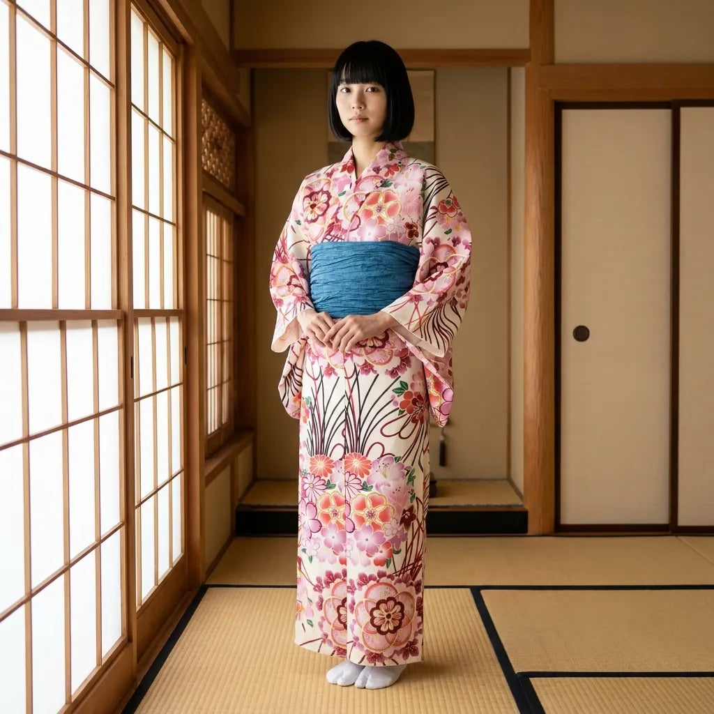 Pink floral kimono with coral and burgundy blossoms worn as a wrap robe