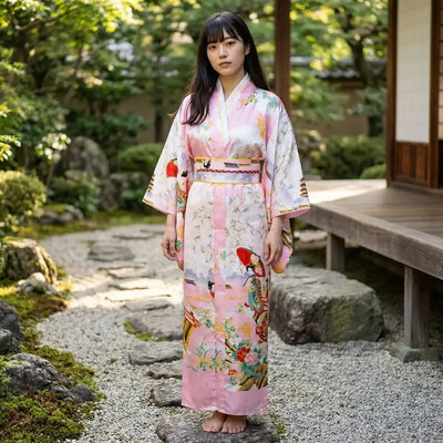 Close view of the sakura and geisha ukiyo-e print on the pink kimono robe fabric