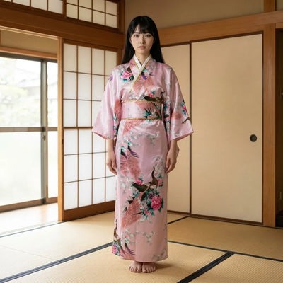 Pink kimono robe with hanami flowers and peacock motif worn as a wrap dress