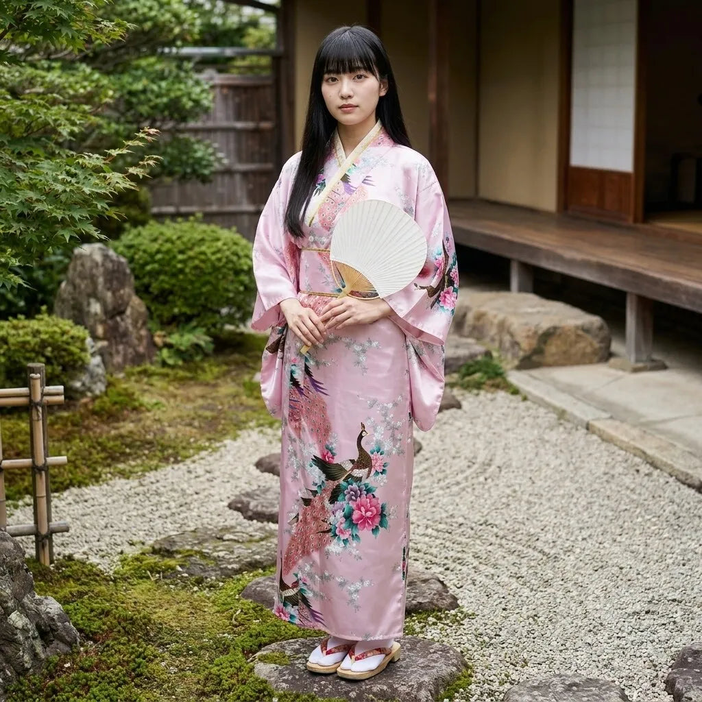 Back view of the pink peacock kimono showing the obi-style waist and flowing sleeves