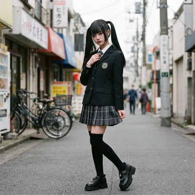 The Japanese school uniform seen three quarters in Harajuku, black blazer, plaid pleated skirt and long black socks