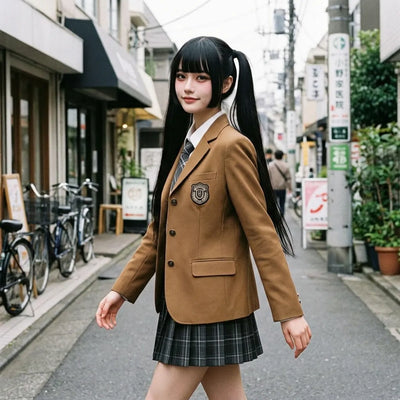Model walking in the dark grey plaid pleated skirt paired with the camel blazer and plaid tie