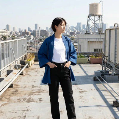 The plain blue kimono wrap seen from the front on a rooftop, with the city skyline behind.