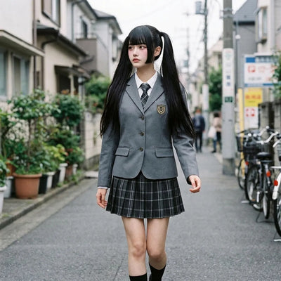 Model walking in the dark grey plaid pleated mini skirt and grey blazer uniform set