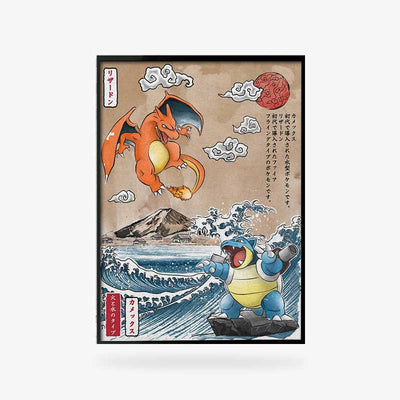 This pokemon poster is in Canvas canvas. Dracofeu and tortank clash on a japanese print with the great wave of kanagawa