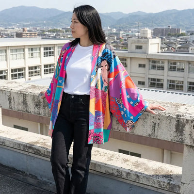 The pop art kimono coverup photographed on a rooftop with the hills behind.