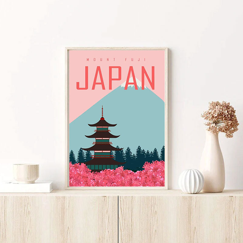 This modern-style poster cherry blossom tree painting also features Mount Fuji and a Japanese castle named a traditional pagoda