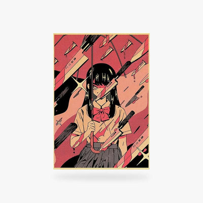 On this print manga girl, a Japanese girl is drawn with Japanese knives. Painting with wooden frame and canvas paper