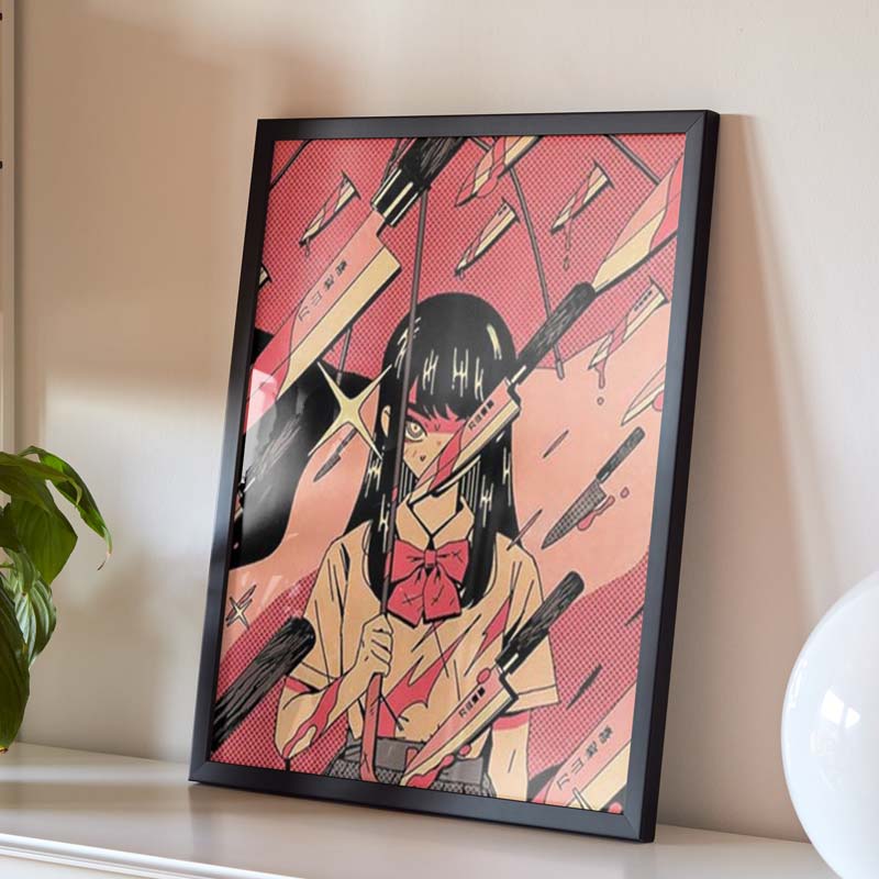 This Print mangais a poster of a student drawing surrounded by flying japanese knives.