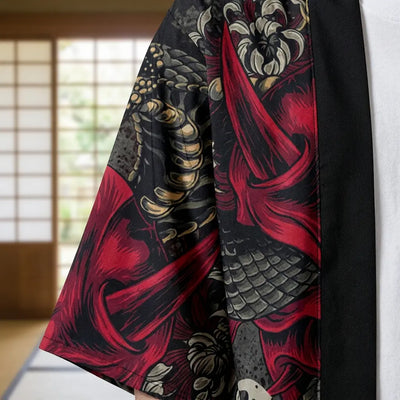 Close-up of the printed fabric and sleeve of a yokai kimono
