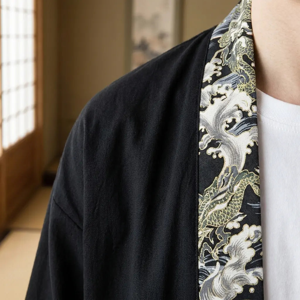 Close-up of the printed fabric and sleeve of a japanese kimono haori