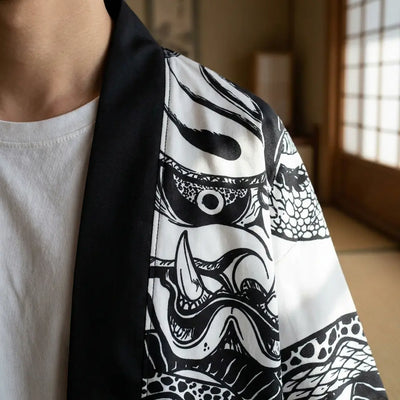 Close-up of the printed fabric and sleeve of a hannya kimono