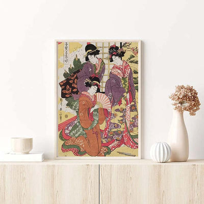 This prints Japaense art is a geisha painting is set in a natural wood frame. This poster is a reprlica representing three geisha dressed with kimono clothes and kanzashi in their hair