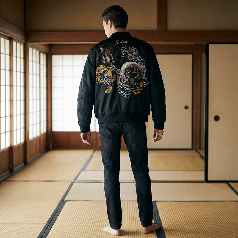 Man wearing a black raijin fujin sukajan souvenir jacket in a traditional Japanese room.