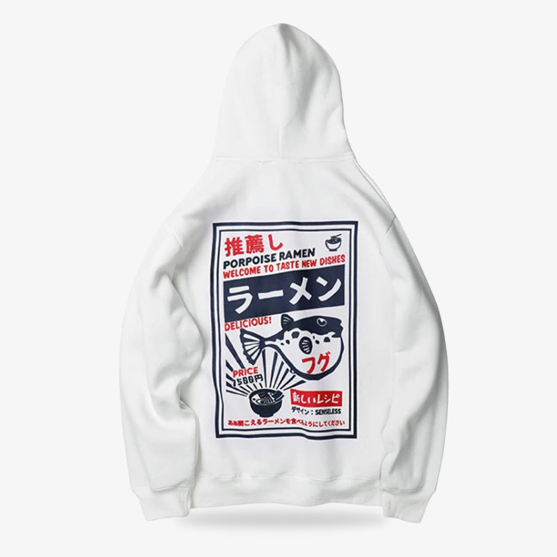 White Ramen hoodie with a graphic design on the chest featuring text and a fish illustration.