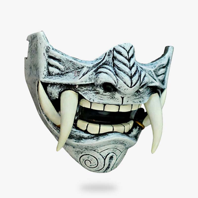 this real Japanese samurai demon mask is inspired by the myth of the Oni and the japanese warrior. Japanese oni mask is white colored and material used in PU. The japanese mask is a half demon face with teeths