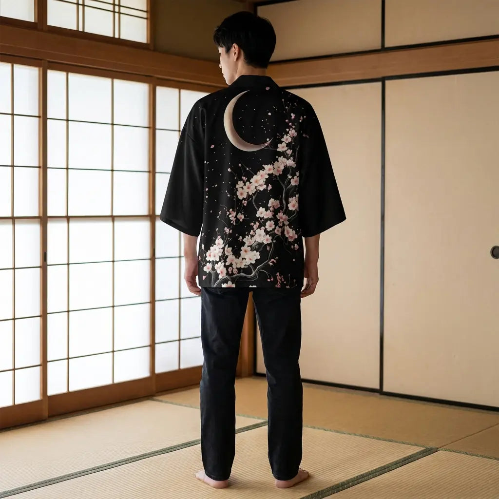 Back view of a moon kimono in a washitsu room, showing the full back design