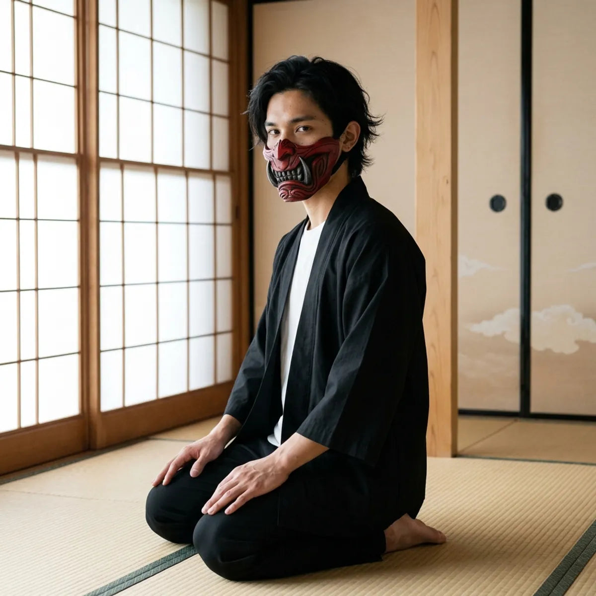 Red demon half mask seen in profile, the carved cheek and fang, worn while kneeling on tatami by the shoji