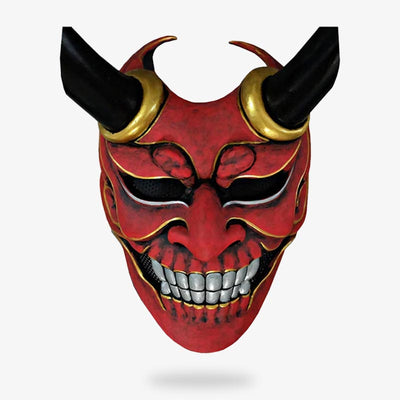 This red demon mask japanese has black horns. The red Japanese mask represents an Oni. It's a monster from the SHinto religion. This Oni mask has white teeth. Mask materials include ice fiber, metal and PU.