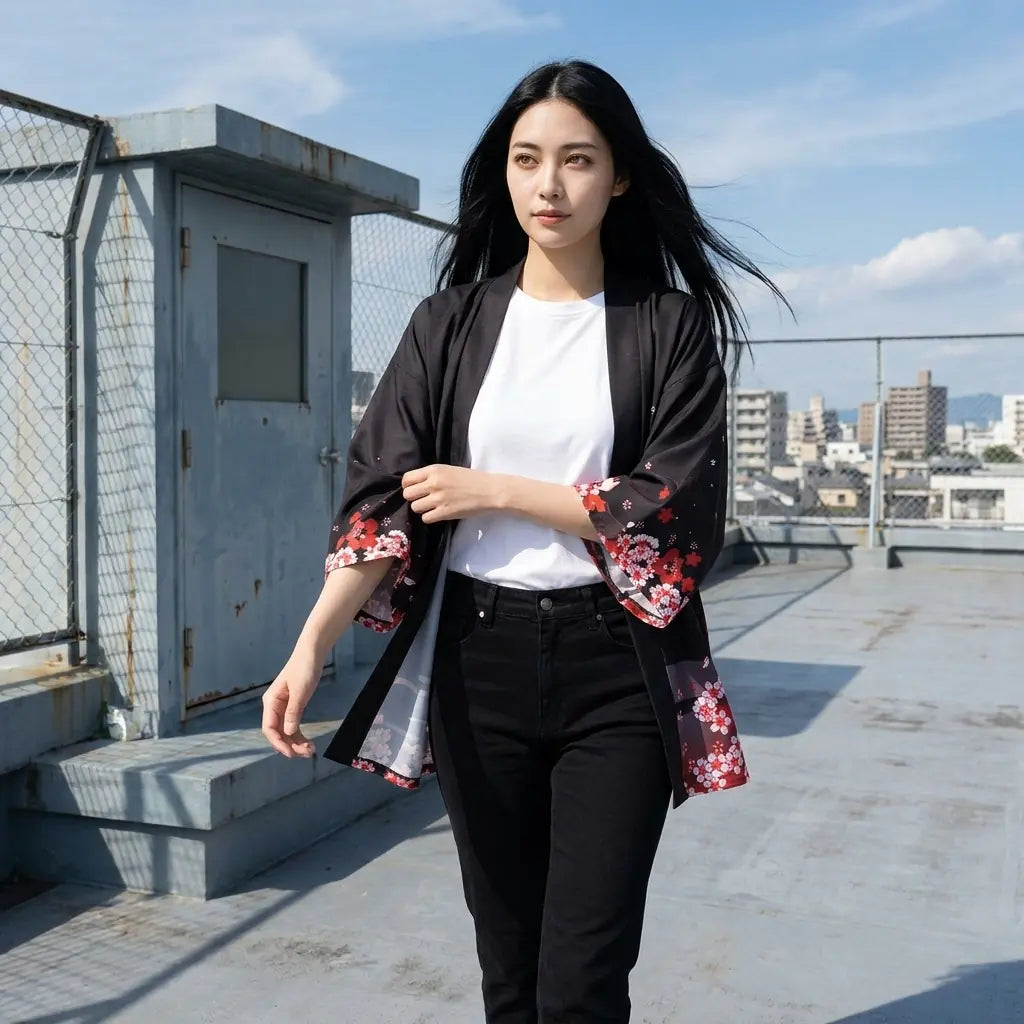 The red fox haori jacket photographed on a city rooftop, the foxes running along the lower panels.
