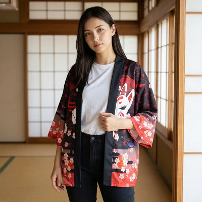 The red gradient japanese cardigan seen from the front, the colour strongest at the hem.