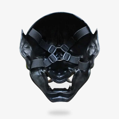 The red hannya mask is made with black straps
