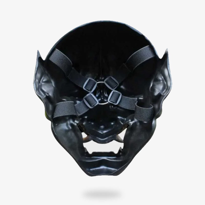 The red hannya mask is made with black straps