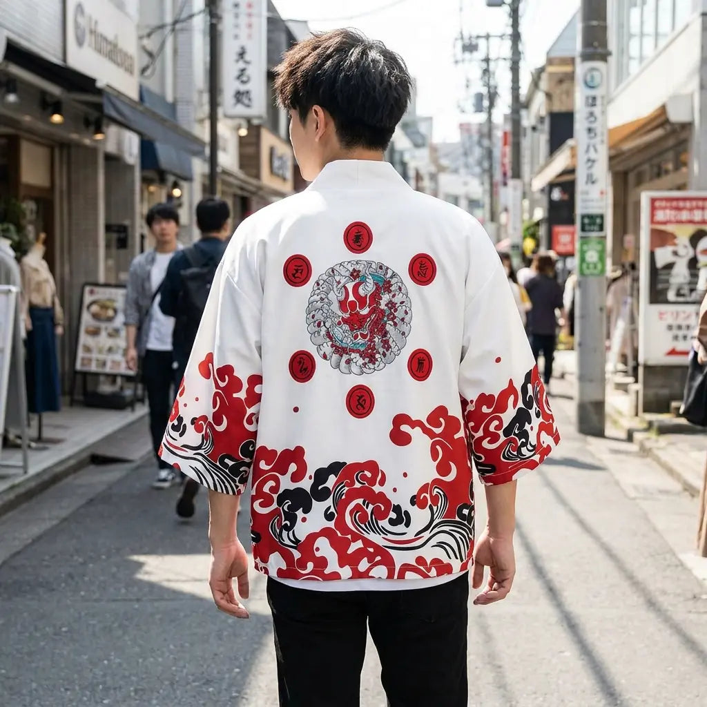 Back view of a red haori worn in a Harajuku street, showing the full print